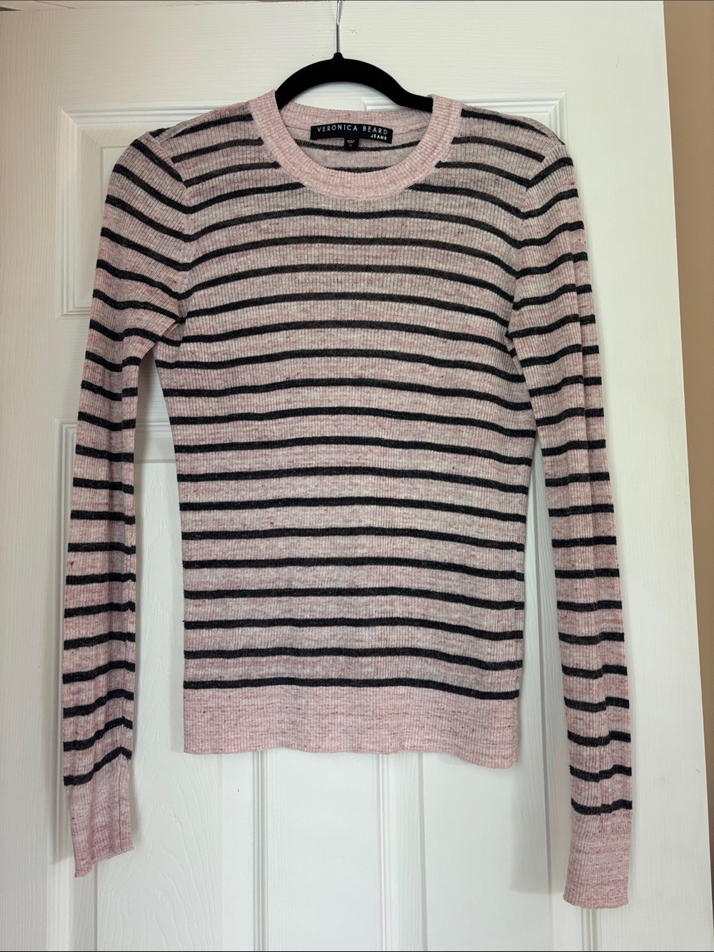 Veronica Beard Light Pink and Black Striped Crewneck Sweater